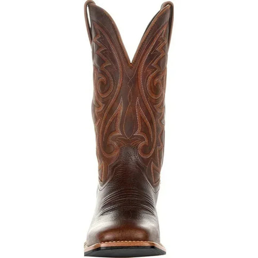 Men’s brown leather cowboy boots with western embroidered shaft and classic block heel – Urban Spur
