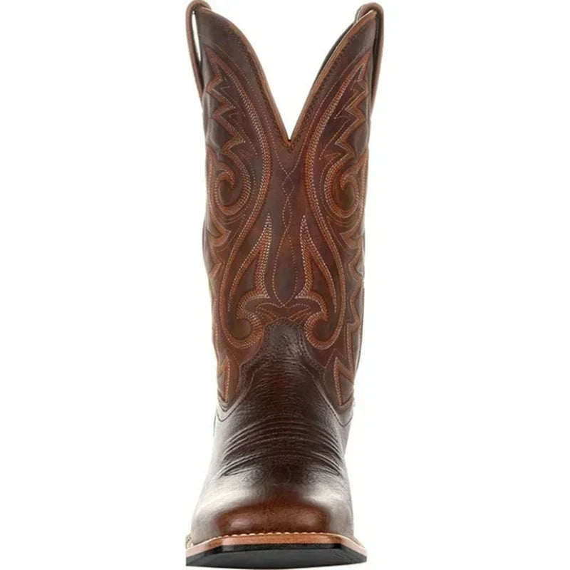 Men’s brown leather cowboy boots with western embroidered shaft and classic block heel – Urban Spur