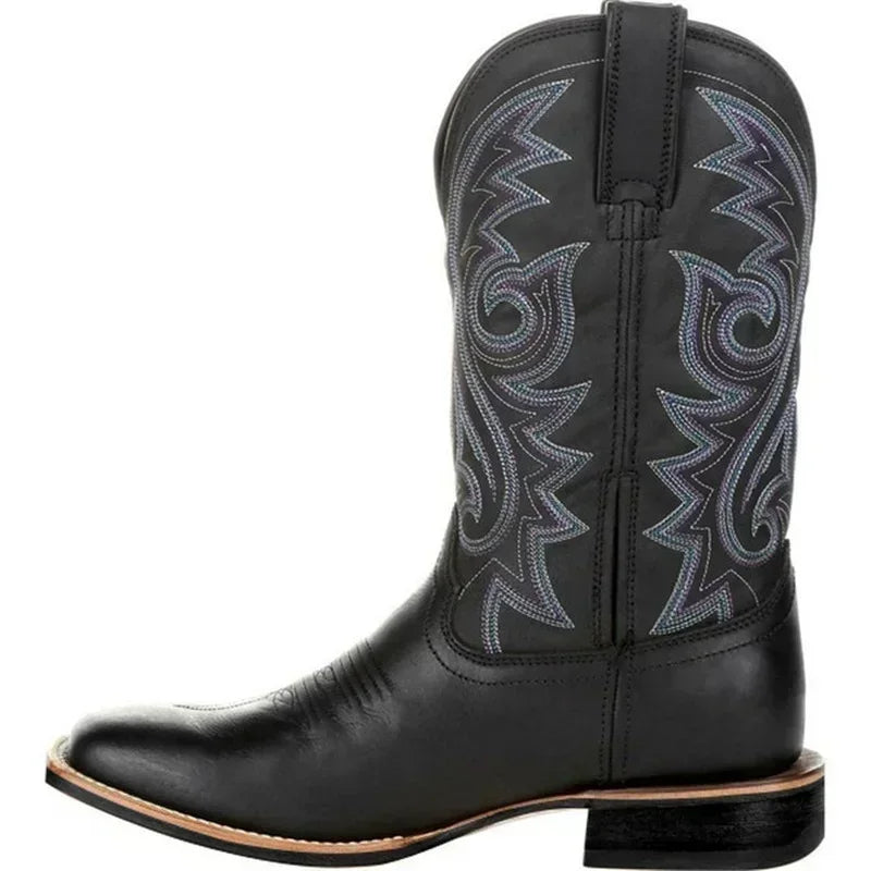 Men’s black leather cowboy boots with western embroidered shaft and classic block heel – Urban Spur