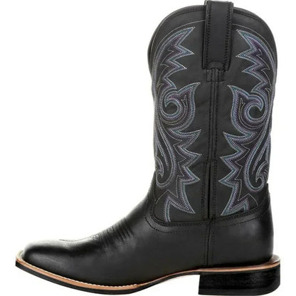 Men’s black leather cowboy boots with western embroidered shaft and classic block heel – Urban Spur