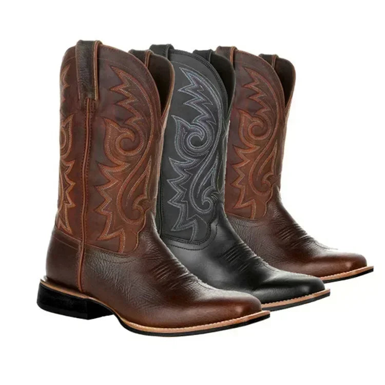 Men’s brown/black leather cowboy boots with western embroidered shaft and classic block heel – Urban Spur