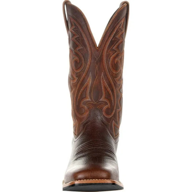 Men’s brown leather cowboy boots with western embroidered shaft and classic block heel – Urban Spur