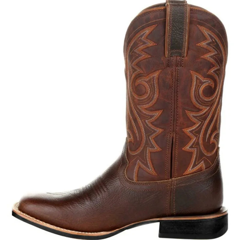 Men’s brown leather cowboy boots with western embroidered shaft and classic block heel – Urban Spur