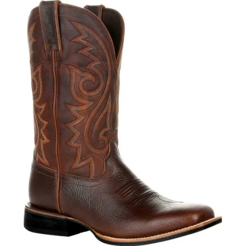 Men’s brown leather cowboy boots with western embroidered shaft and classic block heel – Urban Spur