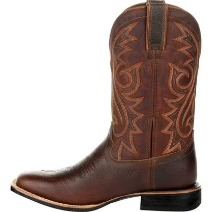 Men’s brown leather cowboy boots with western embroidered shaft and classic block heel – Urban Spur