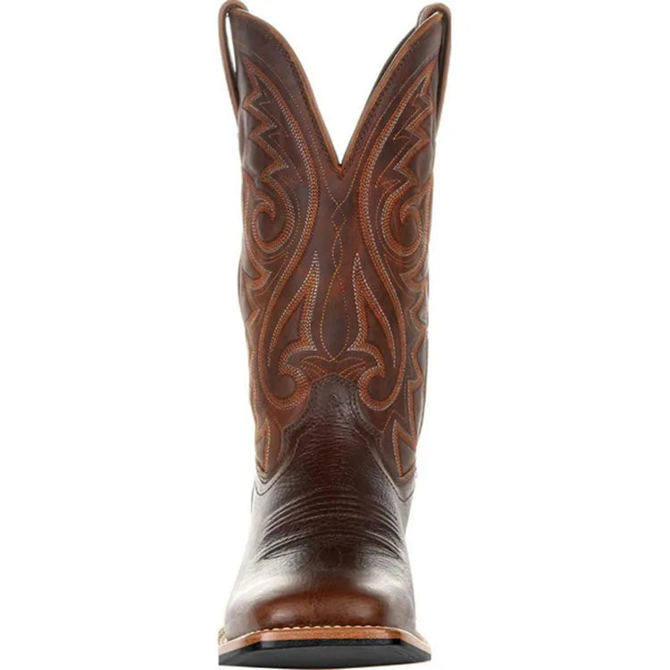Men’s brown leather cowboy boots with western embroidered shaft and classic block heel – Urban Spur