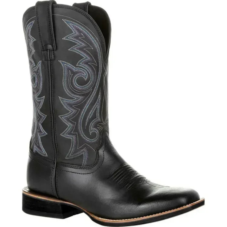 Men’s black leather cowboy boots with western embroidered shaft and classic block heel – Urban Spur